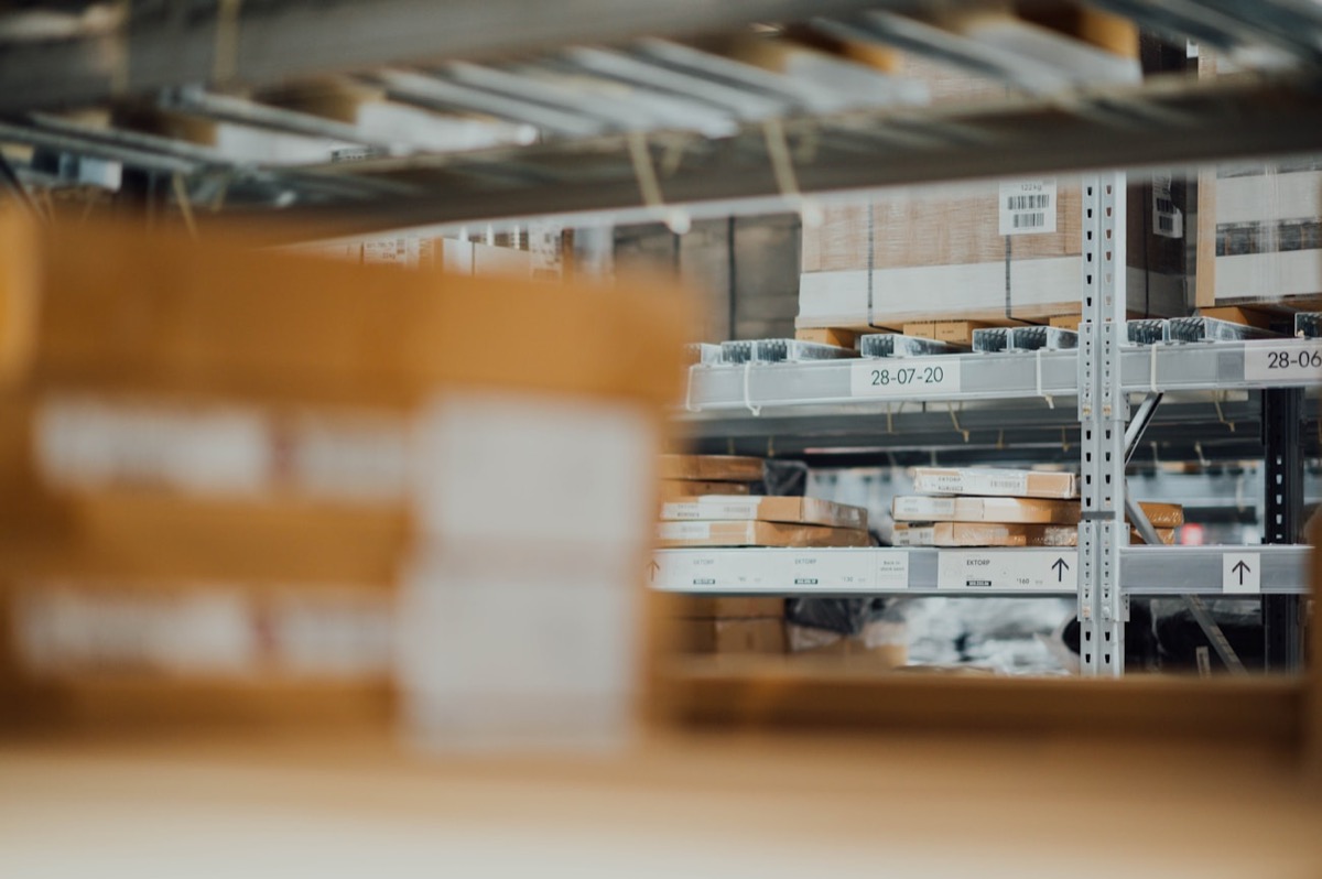Labelled stock on warehouse shelving