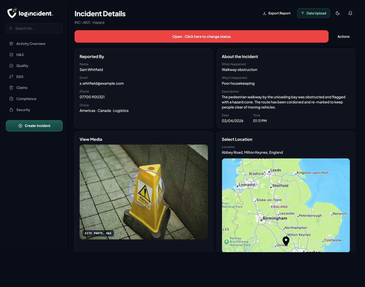 Incident detail view in the dashboard
