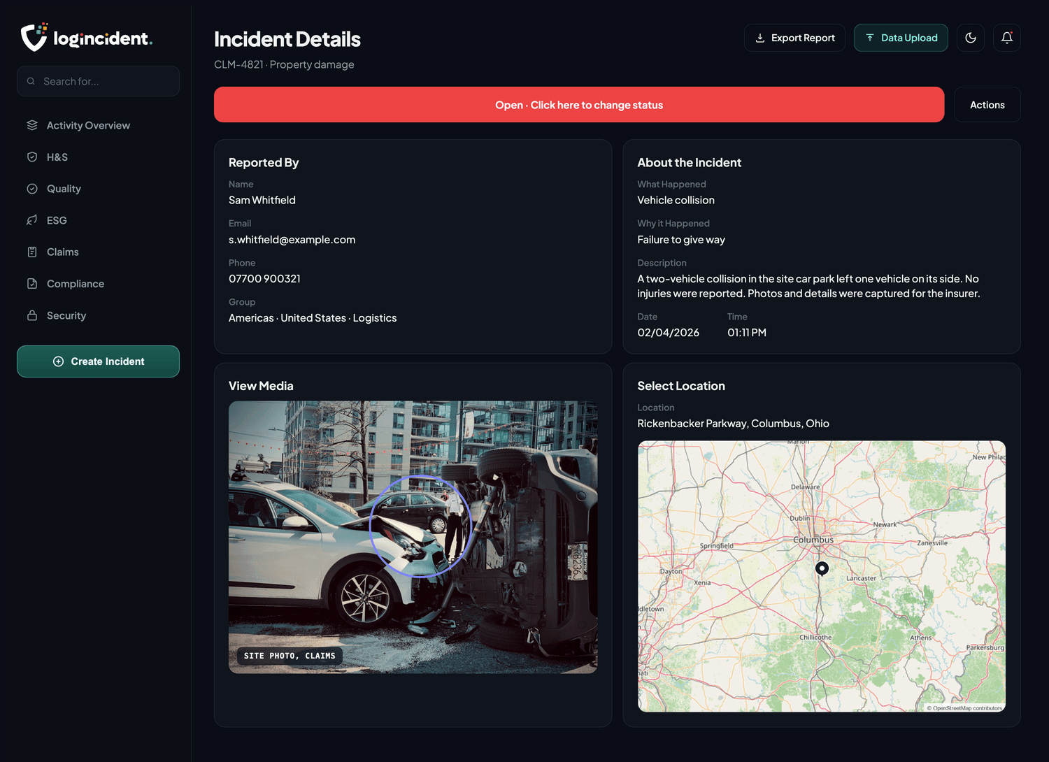 An open claims record showing who reported it, what happened and why, an annotated site photograph and the location captured at the time
