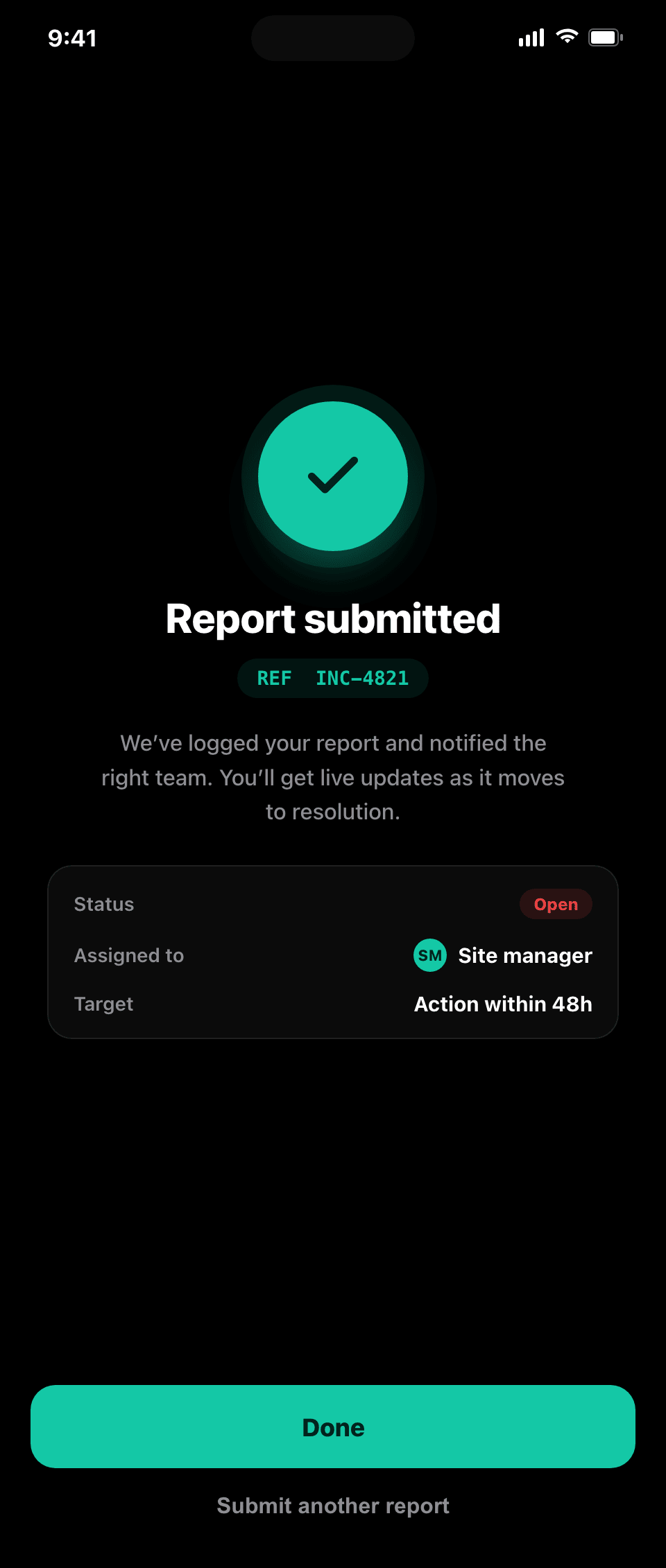 Report submitted confirmation