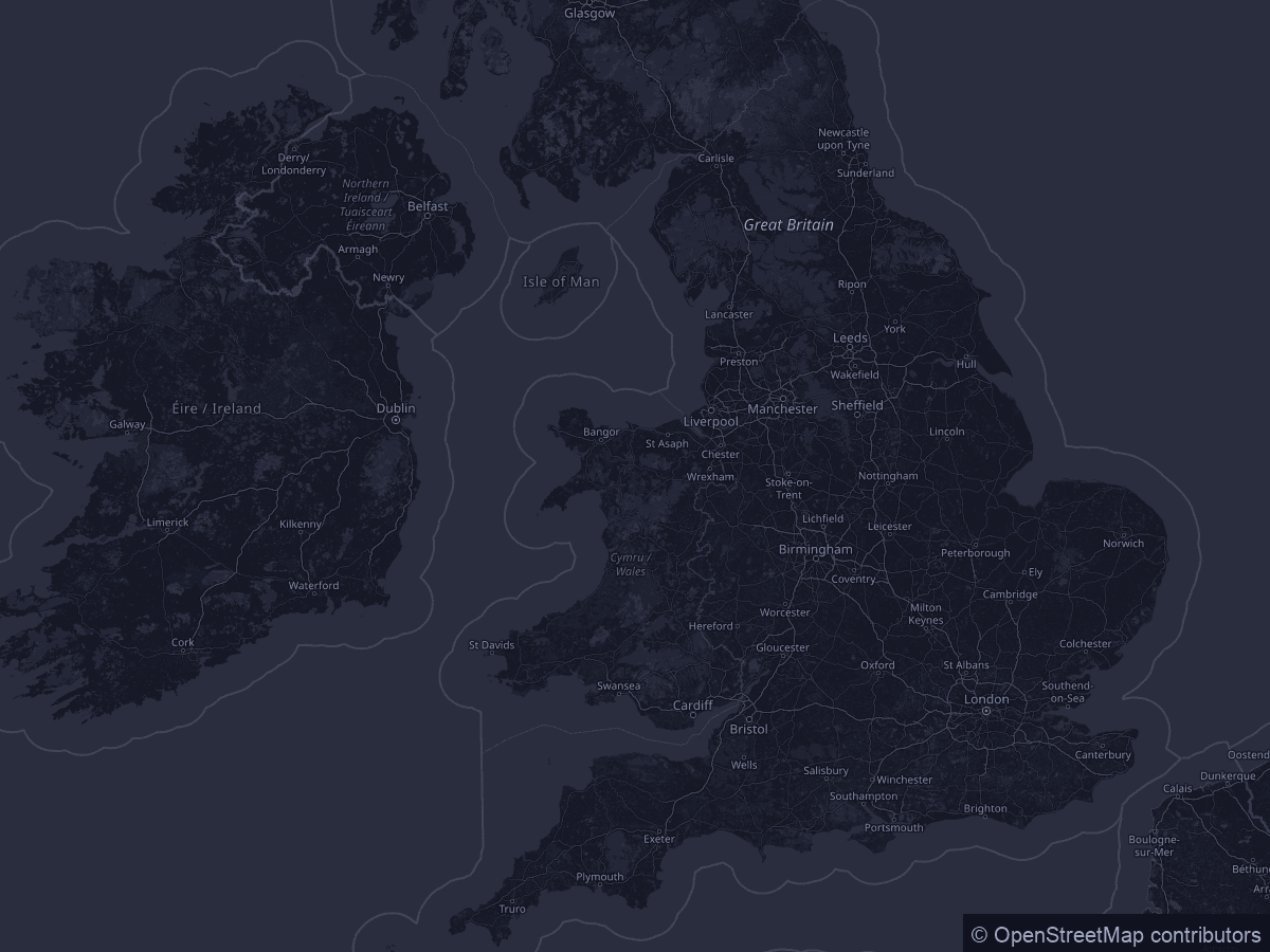 Illustrative map of England, Wales and southern Scotland with three example site locations marked