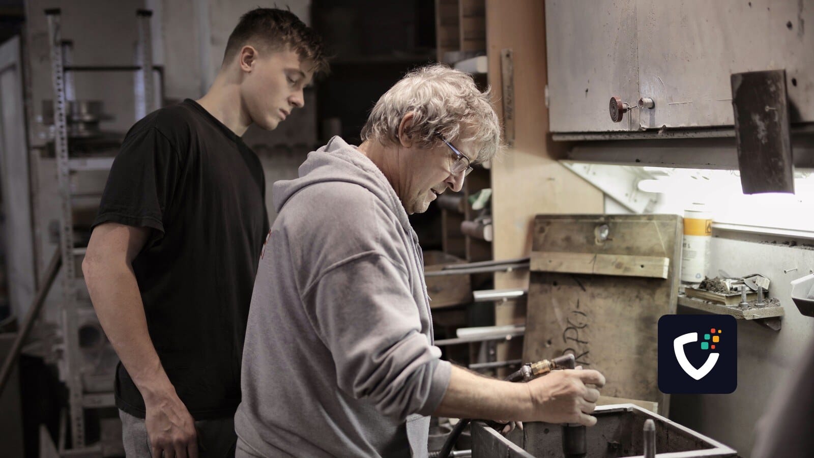 Side view of senior worker in eyeglasses and trainee handling detail on workbench in workshop