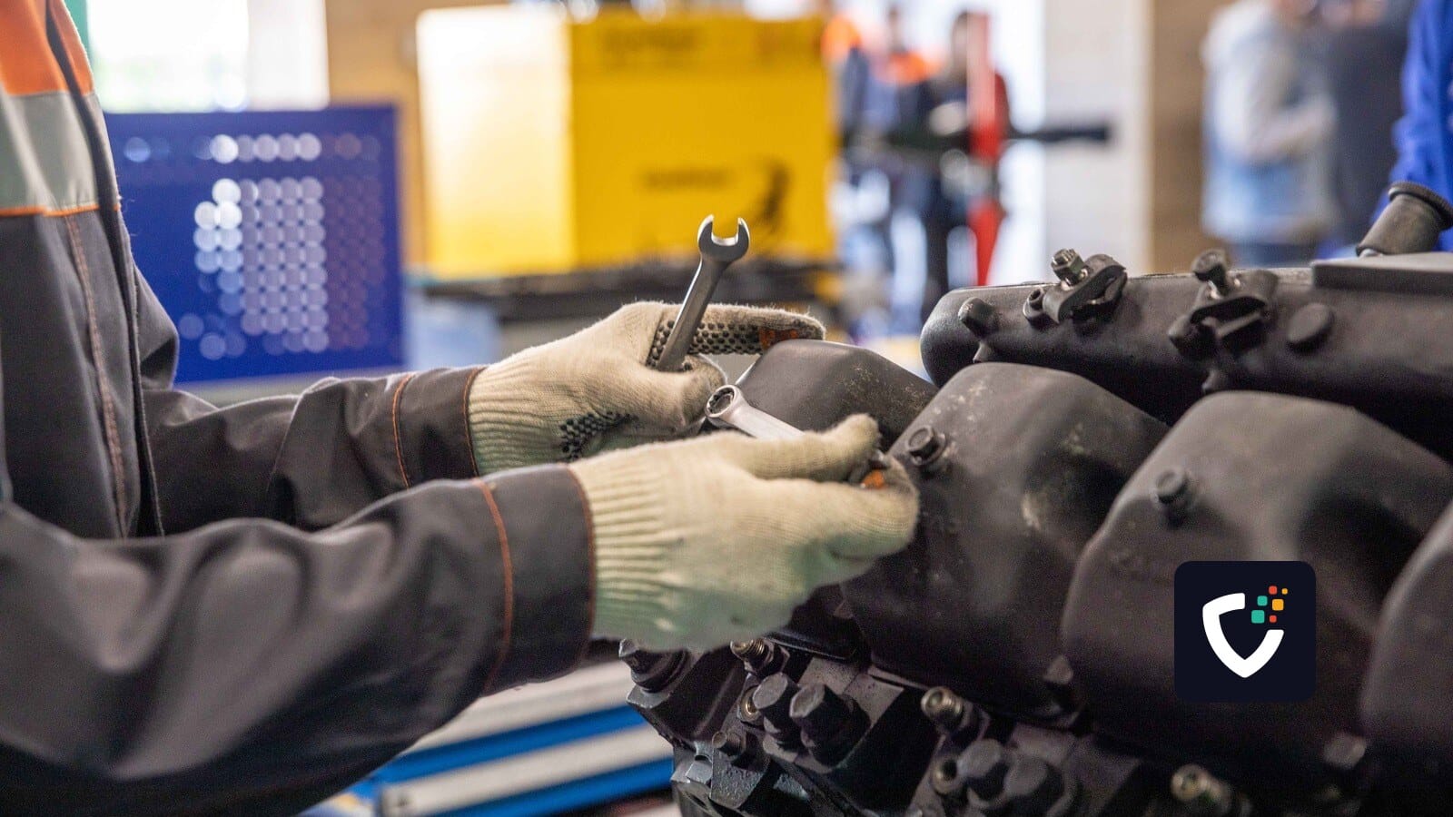 Close-up of a mechanic's hands working on an engine in a modern workshop
