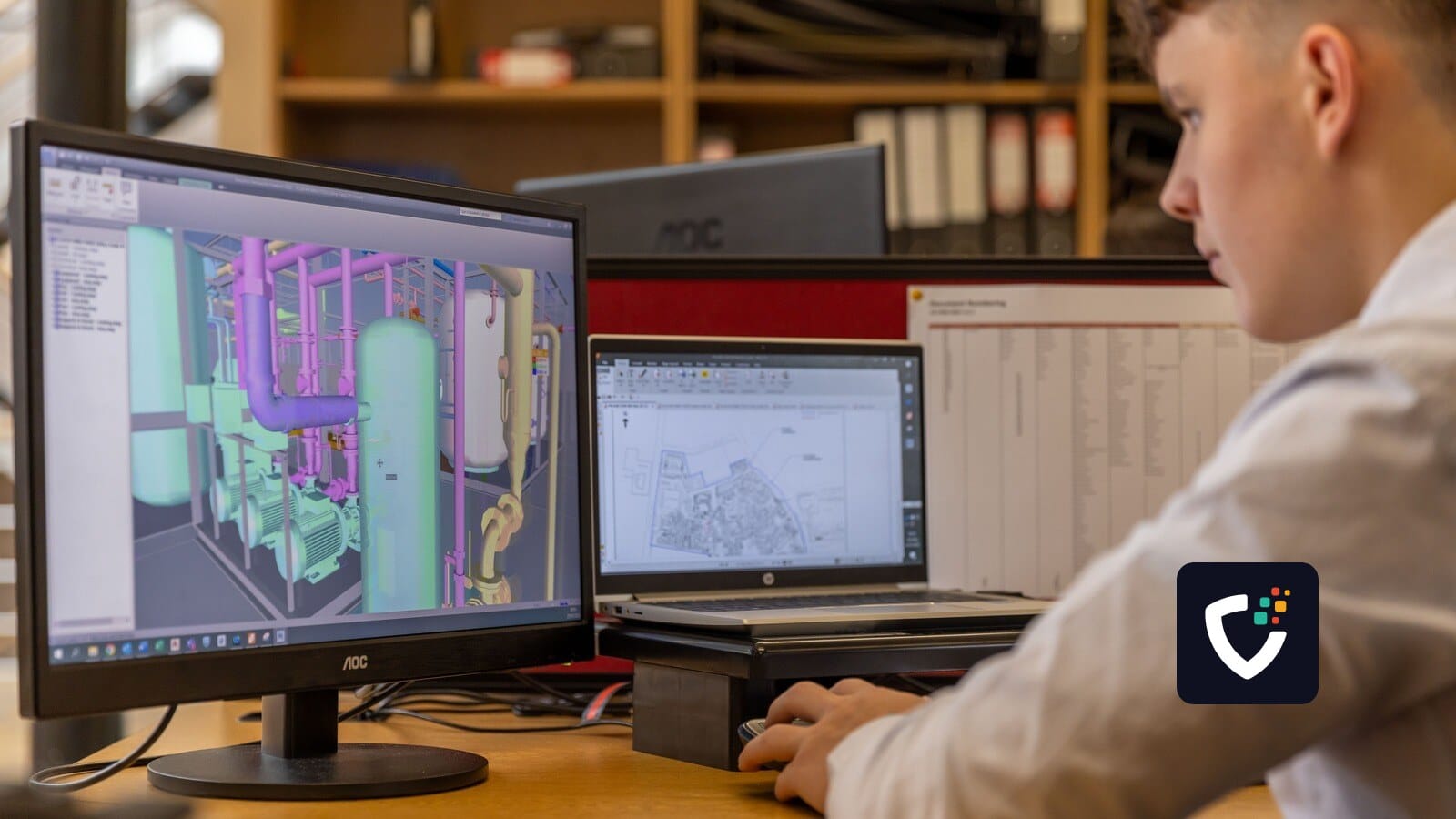 Engineer working with CAD software on dual monitors in an office setting