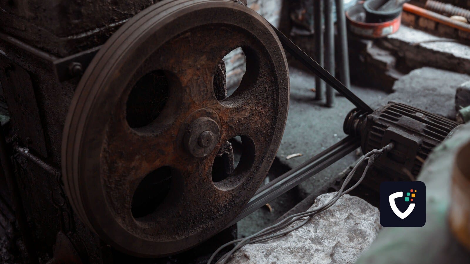 Close-up of a rusted industrial machine wheel in an old workshop setting