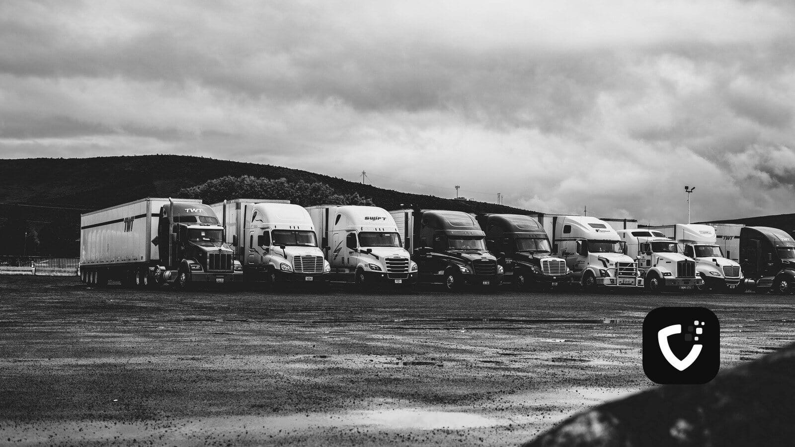 A row of parked American articulated trucks in a wet lot under heavy cloud.