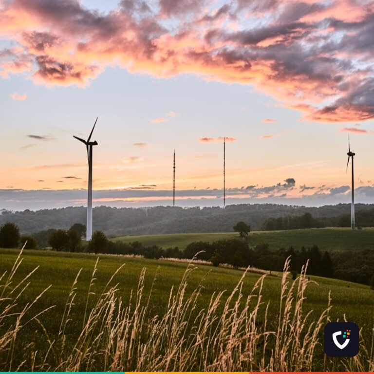 Wind turbines on a hillside at dusk