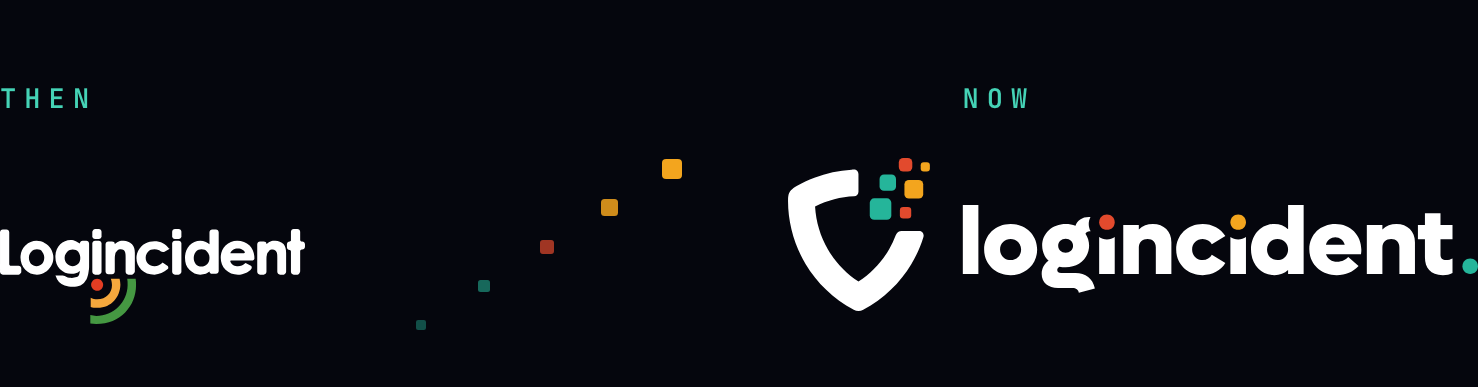 The previous Logincident wordmark, marked Then, and the current shield and wordmark, marked Now, with the brand's coloured squares rising between them.
