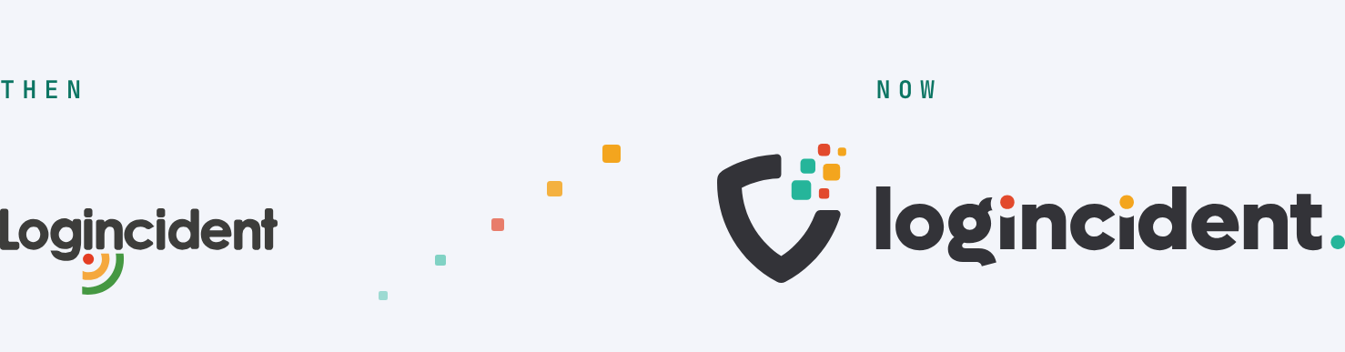 The previous Logincident wordmark, marked Then, and the current shield and wordmark, marked Now, with the brand's coloured squares rising between them.
