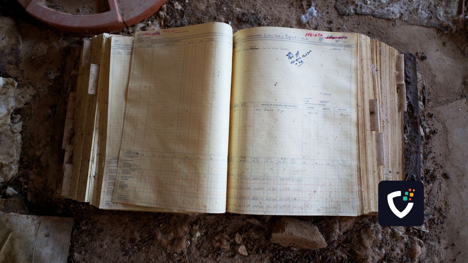 An old ledger lying open on a dusty floor, its columns filled in by hand.