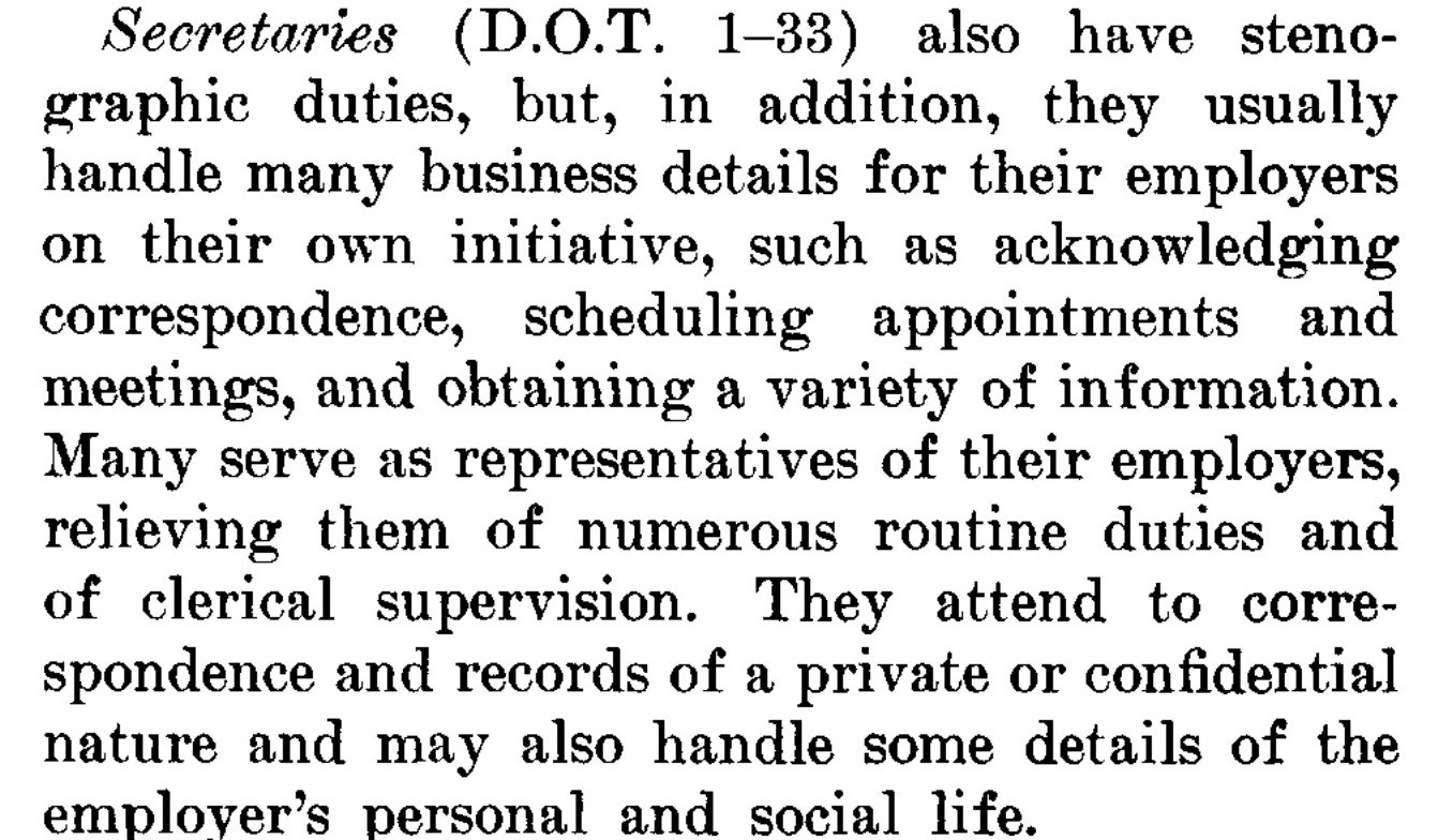 The entry for secretaries on page 235 of the 1959 Occupational Outlook Handbook, printed in the small serif type of a mid-century United States government handbook. Its wording is transcribed below.